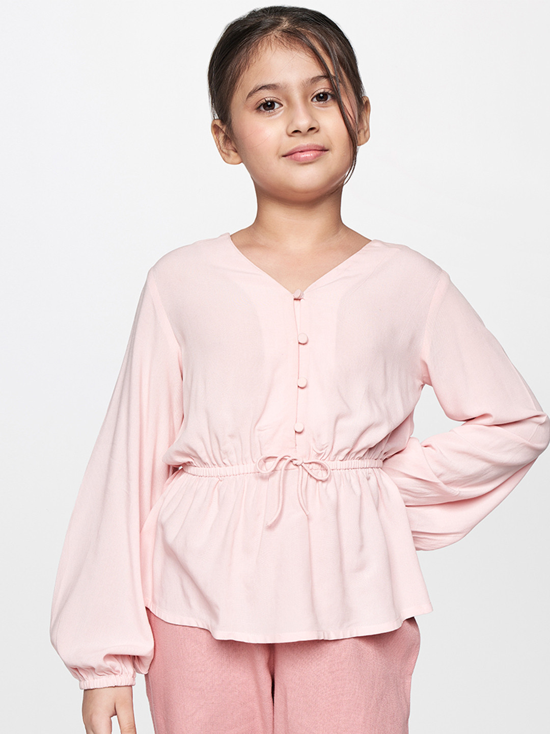 

AND Pink Solid Cuffed Sleeves Cinched Waist Top