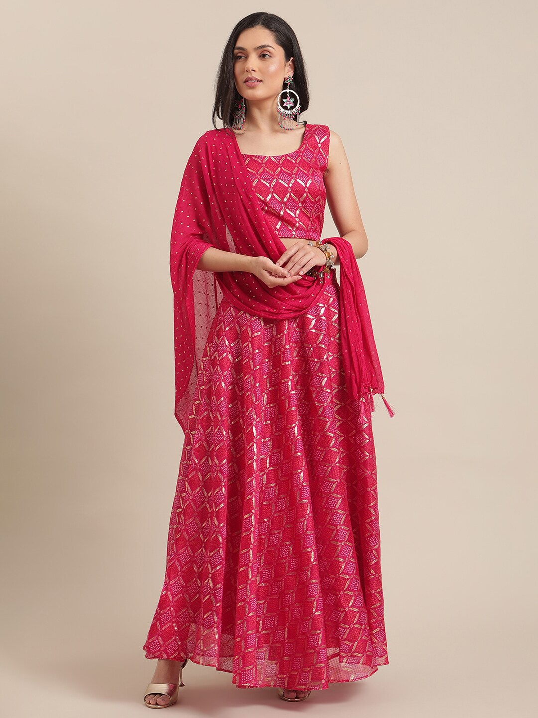 

Varanga Pink & Gold-Toned Printed Ready to Wear Lehenga & Blouse With Dupatta