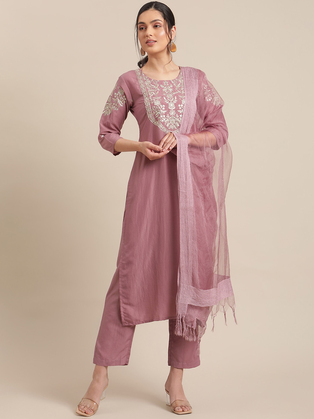 

Varanga Women Mauve Embroidered Regular Kurta with Trousers & With Dupatta