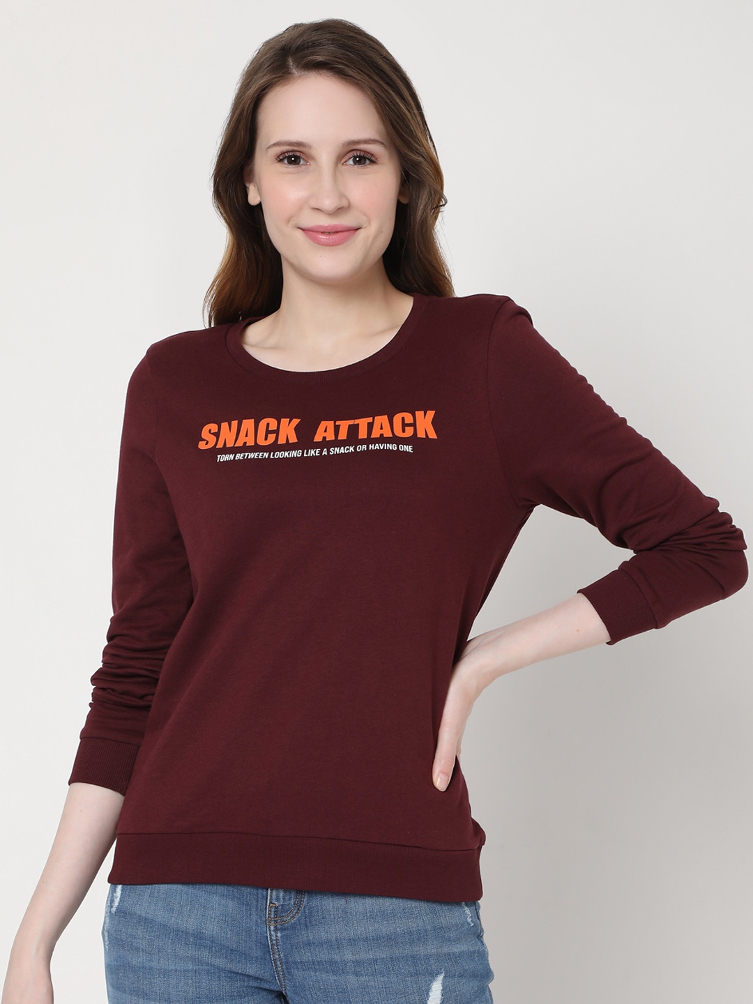 

Vero Moda Women Burgundy Printed Pure Cotton Sweatshirt