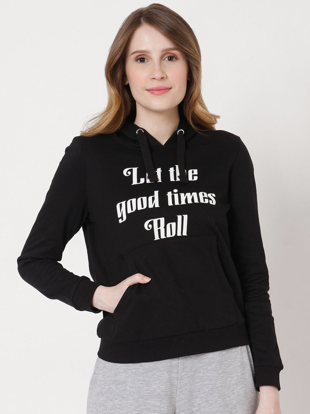 

Vero Moda Women Black Printed Hooded Sweatshirt