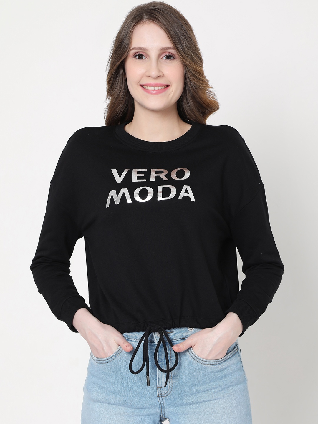 

Vero Moda Women Black Printed Pure Cotton Sweatshirt with Tie-Up Hem