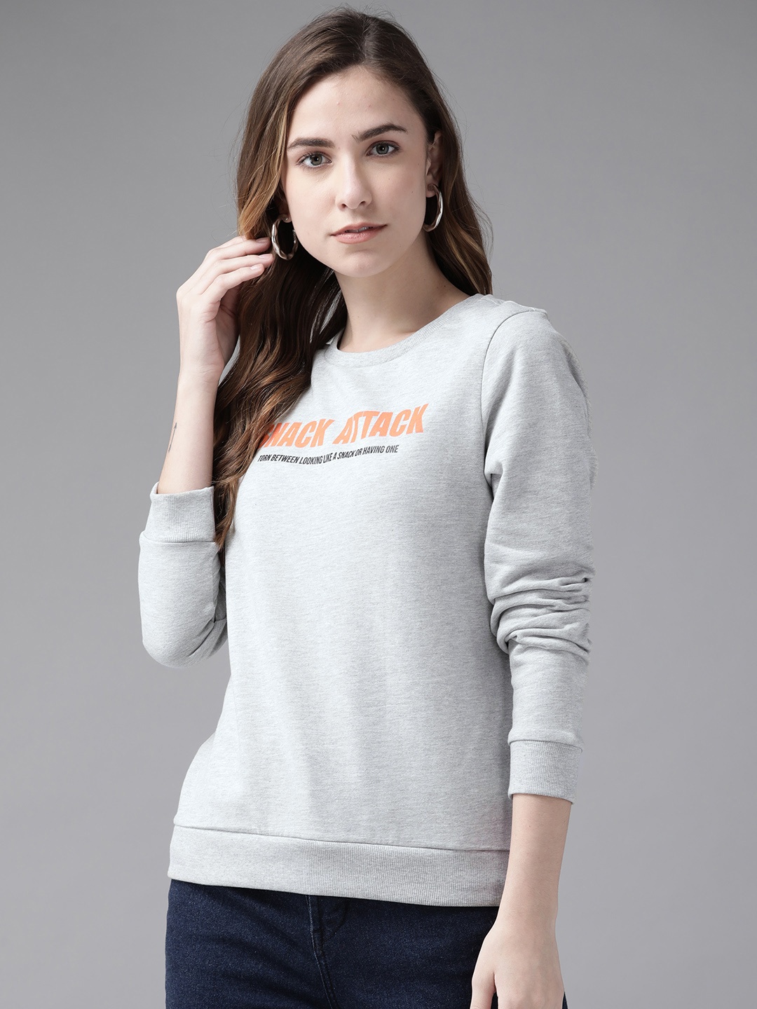 

Vero Moda Women Grey Melange Pure Cotton Printed Sweatshirt