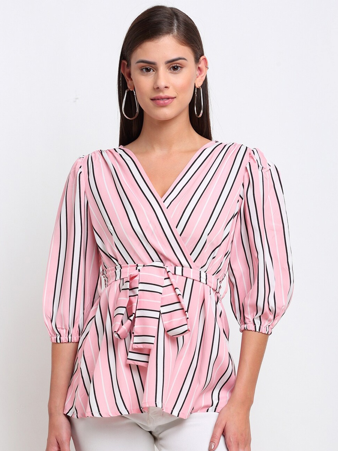 

emeros Pink & White Striped Crepe Wrap Top