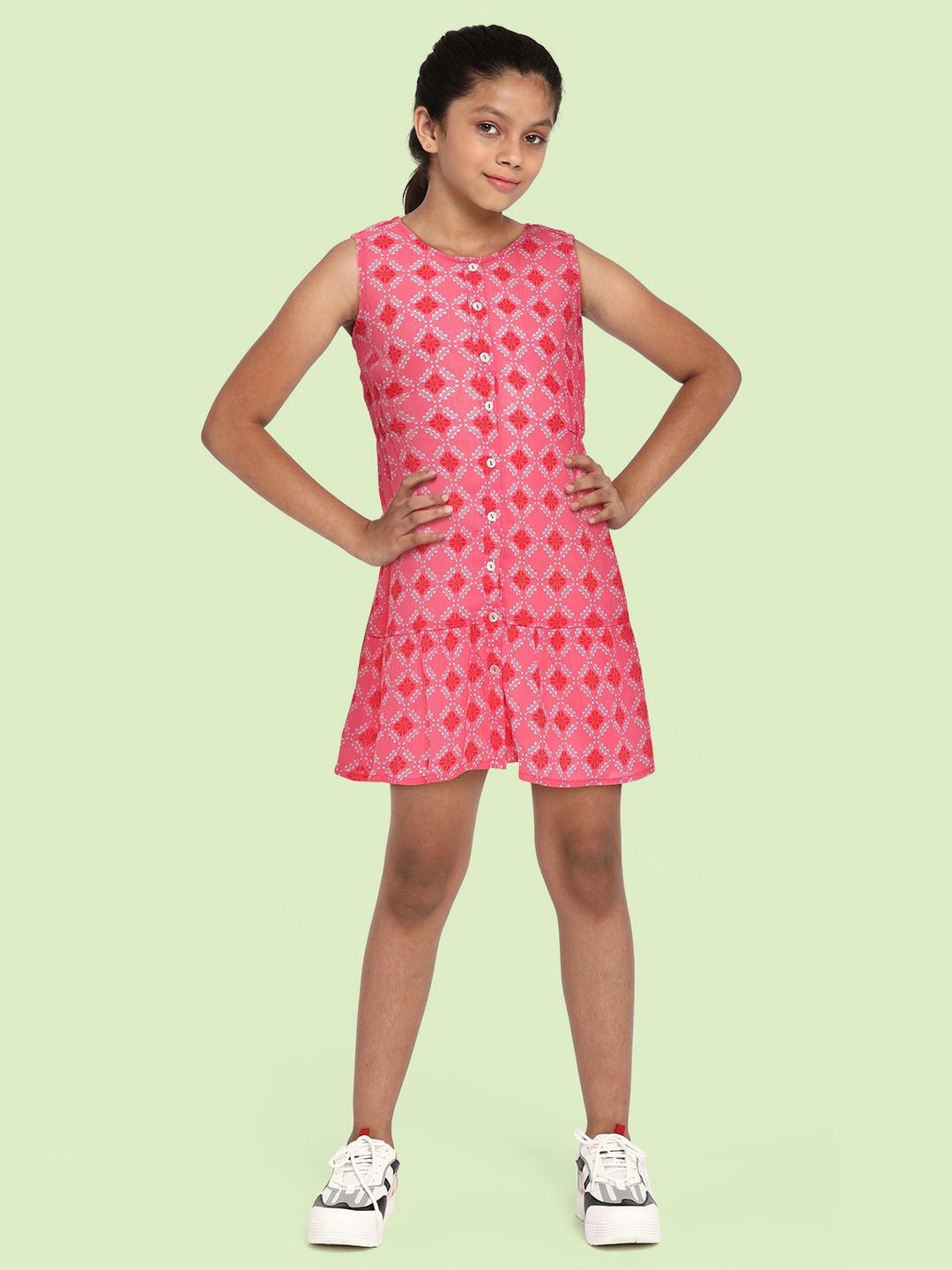 

Global Desi Girls Pink Printed Pure Cotton Peplum Dress