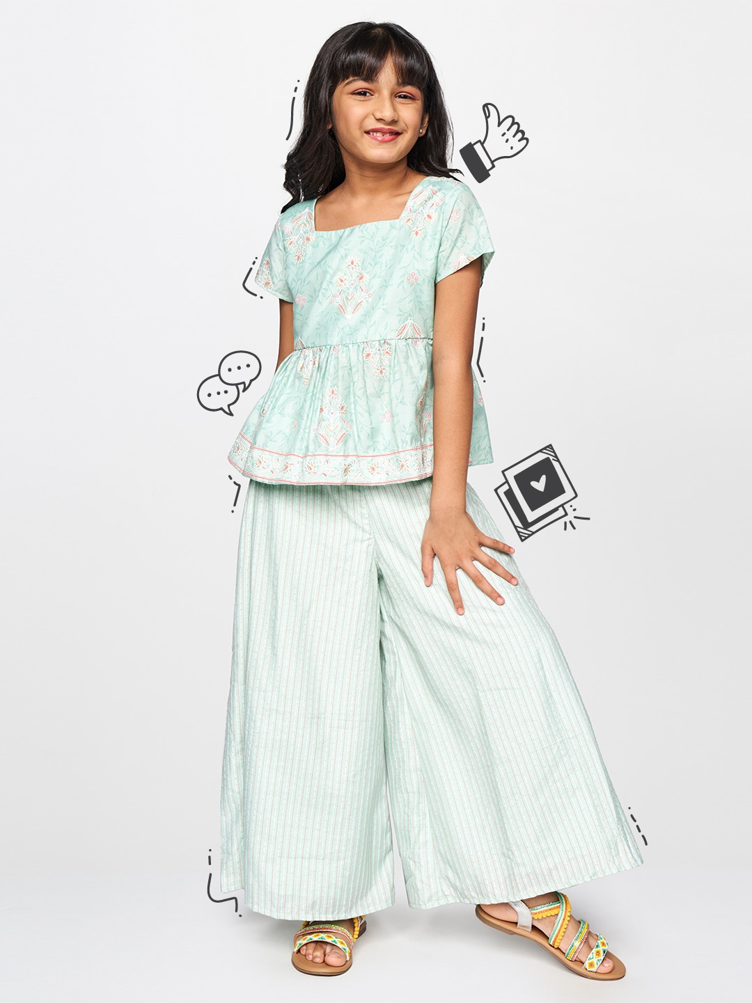 Global Desi Girls Green Printed Top with Palazzos