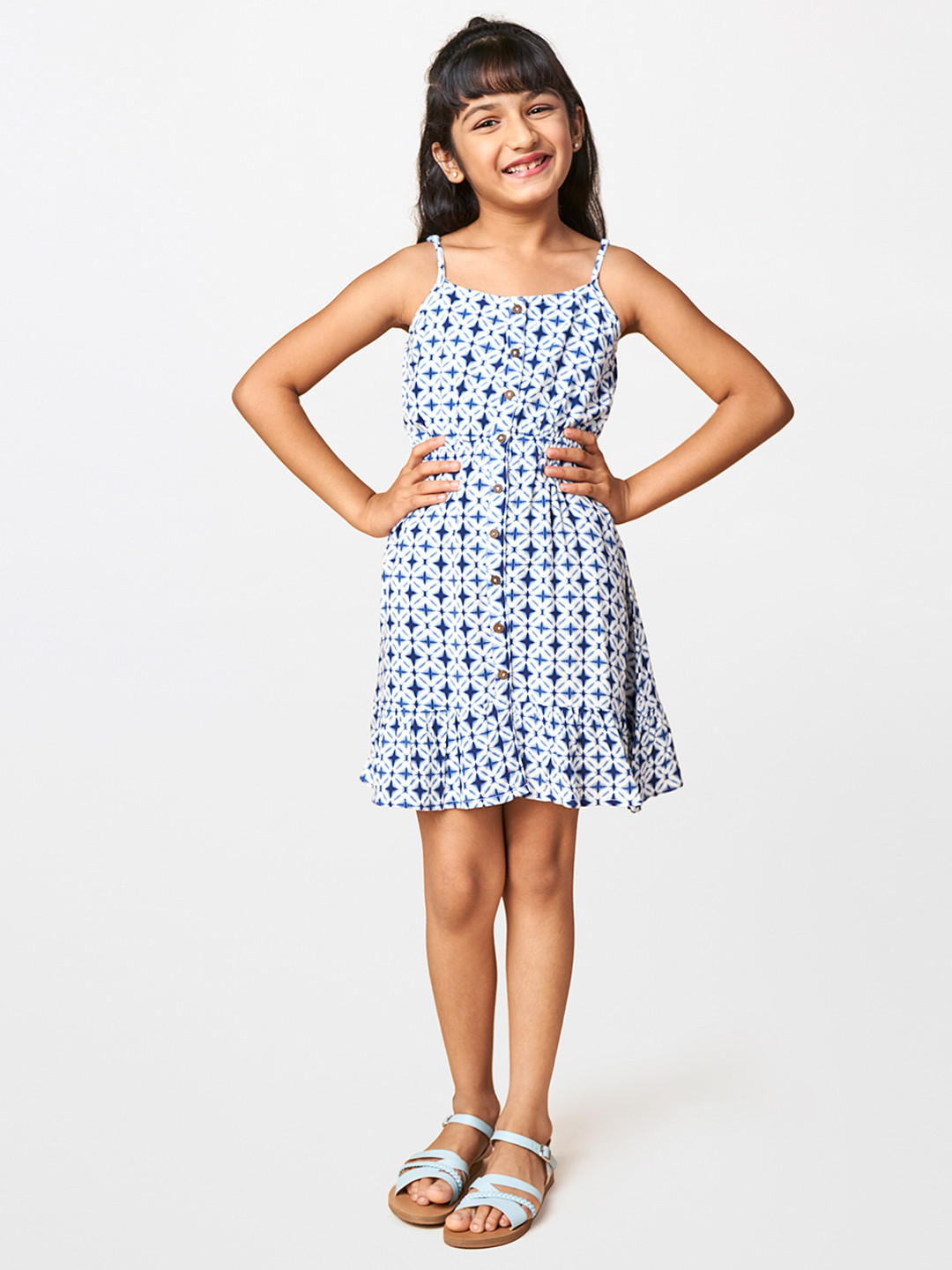 

Global Desi Blue & White Printed Dress