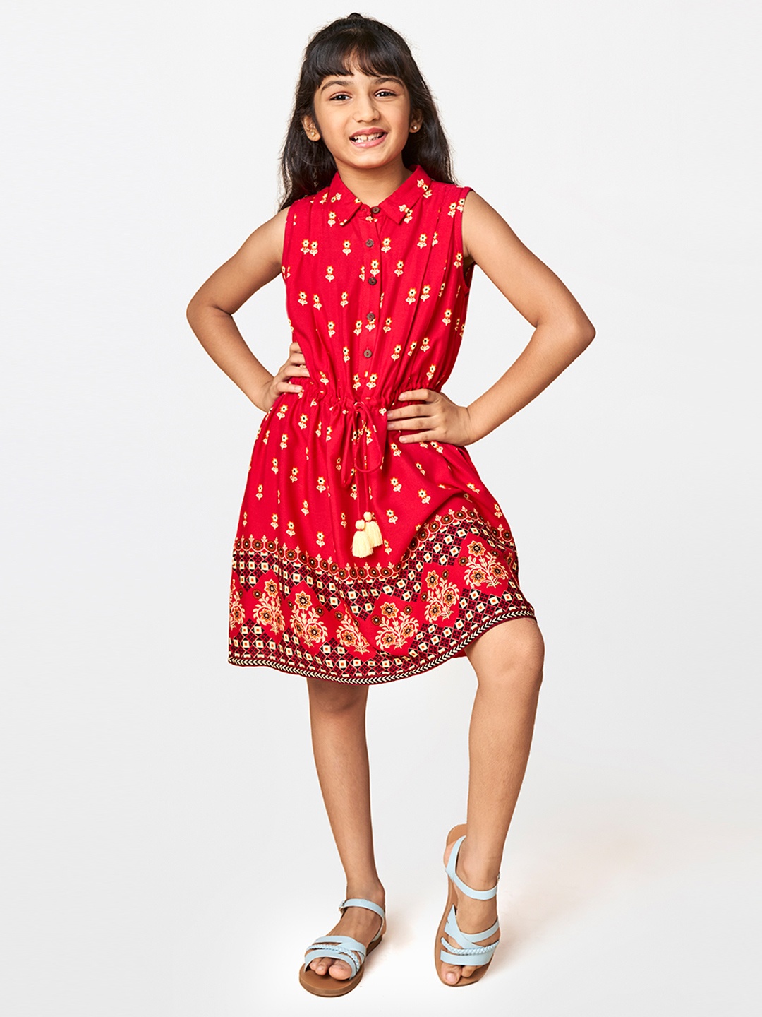 

Global Desi Red & Yellow Floral Empire Dress