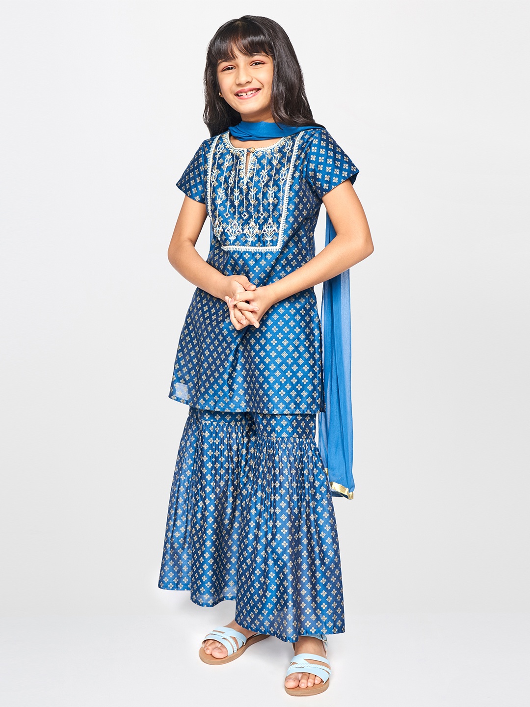 

Global Desi Girls Blue Ethnic Print Regular Kurta with Palazzos & With Dupatta