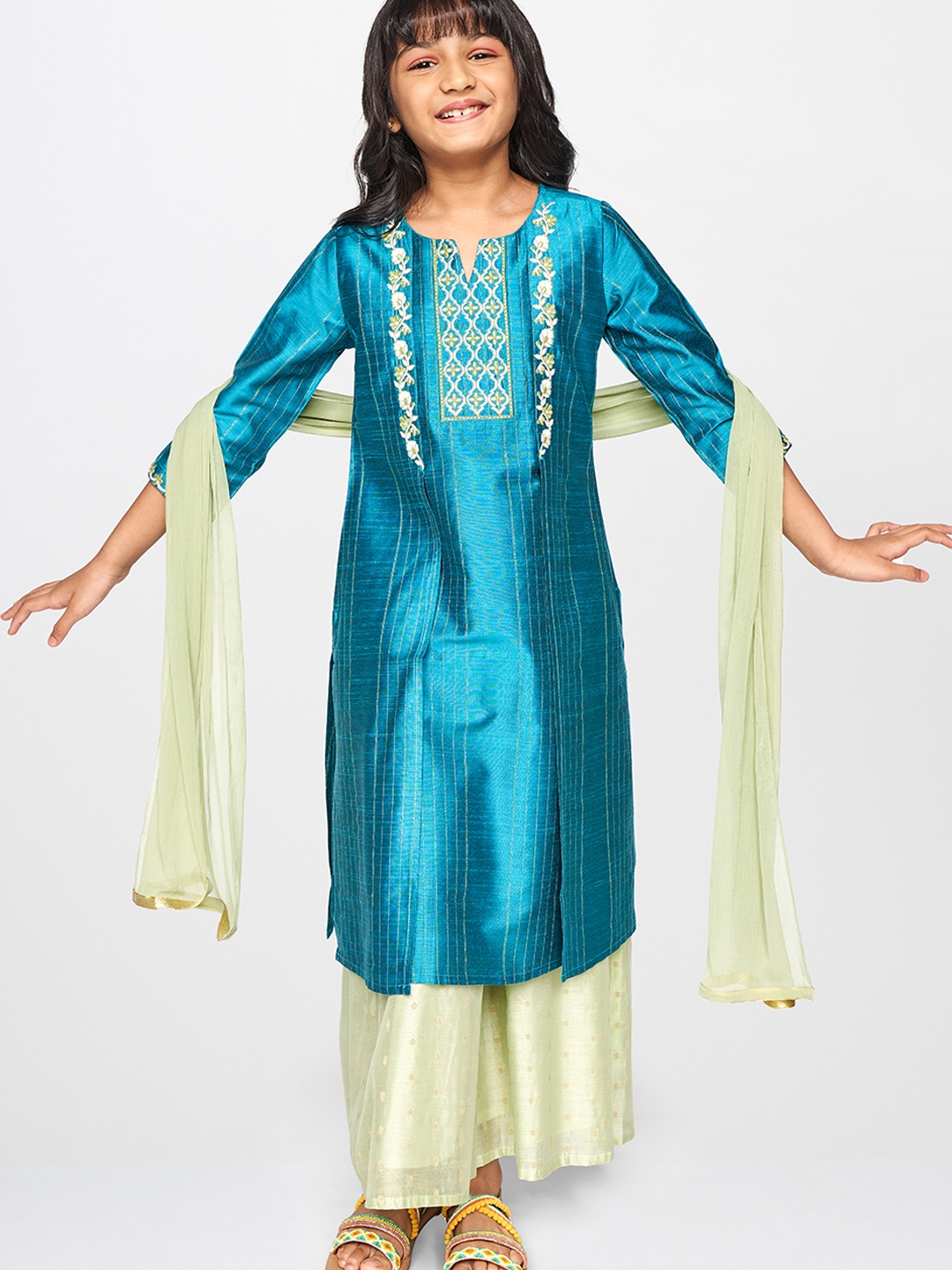 

Global Desi Girls Blue Floral Embroidered Regular Kurta with Palazzos & With Dupatta