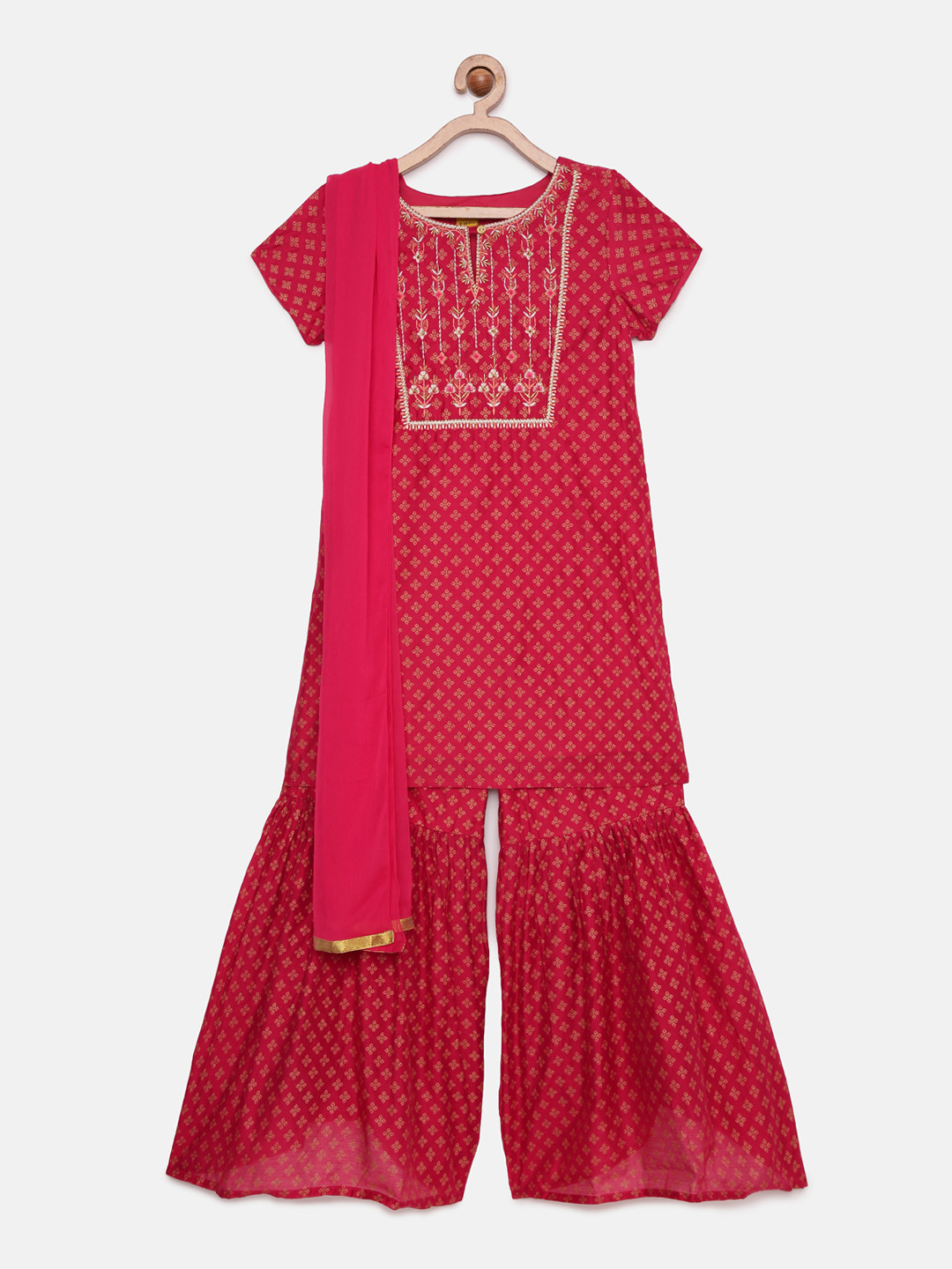 

Global Desi Girls Red Ethnic Motifs Printed Thread Work Kurta with Sharara & Dupatta