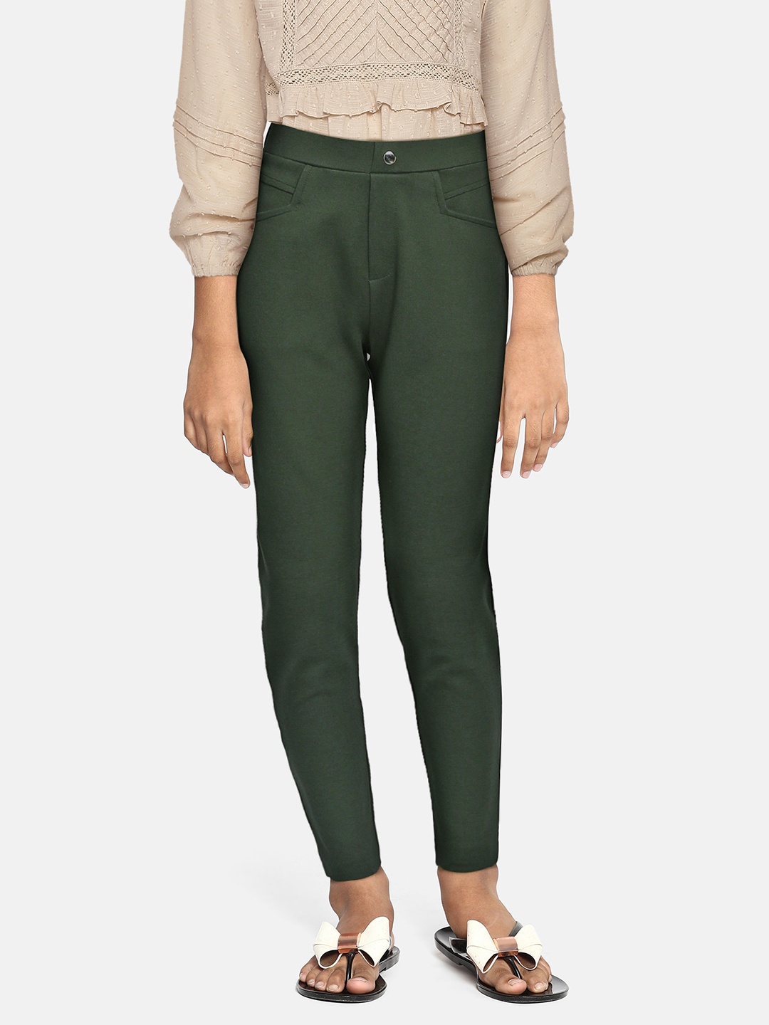 

Global Desi Girls Olive Green Solid Skinny Fit Trousers