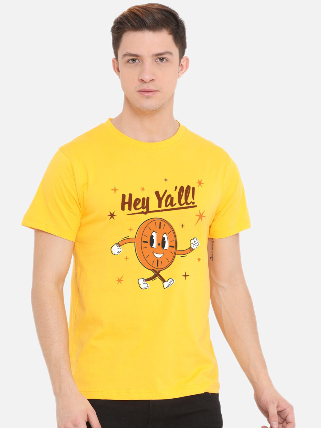 

Fully Filmy Men Yellow & Maroon Typography Printed Cotton T-shirt