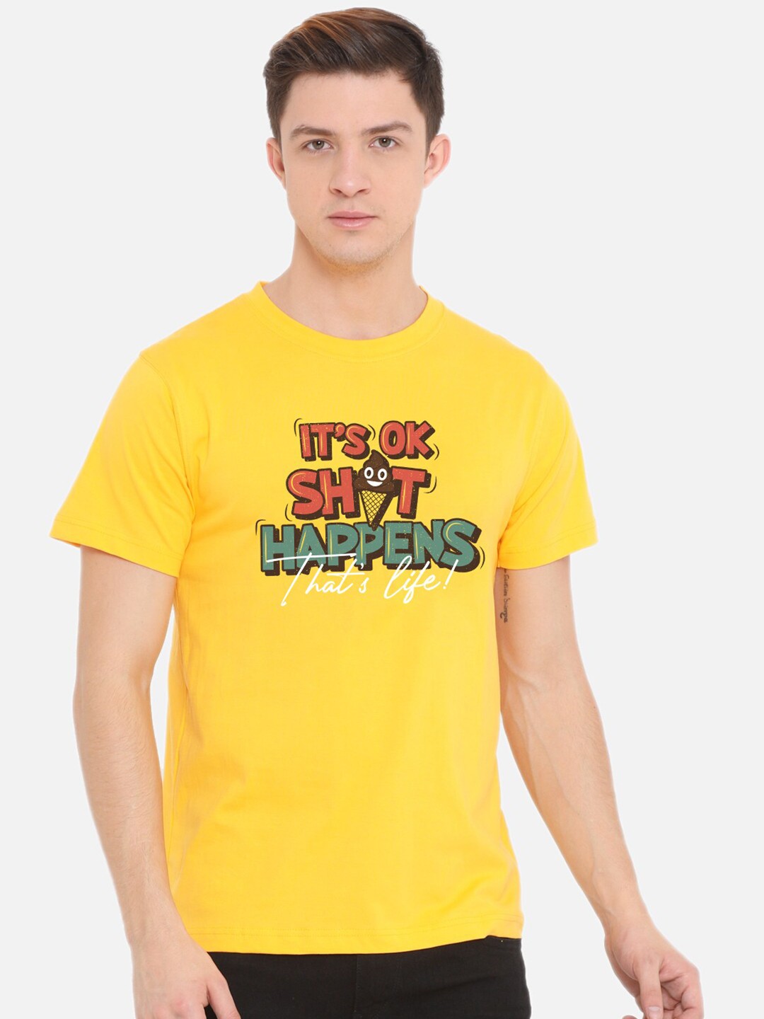 

Fully Filmy Men Yellow & Red Shit Happens That's Life Printed Cotton T-shirt