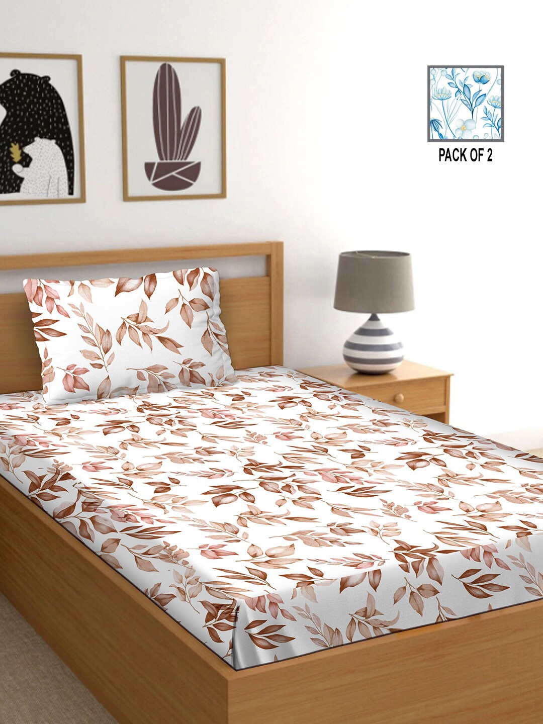 

BELLA CASA Set of 2 Brown & Blue Floral 250 TC Cotton Single Bedsheet with Pillow Covers