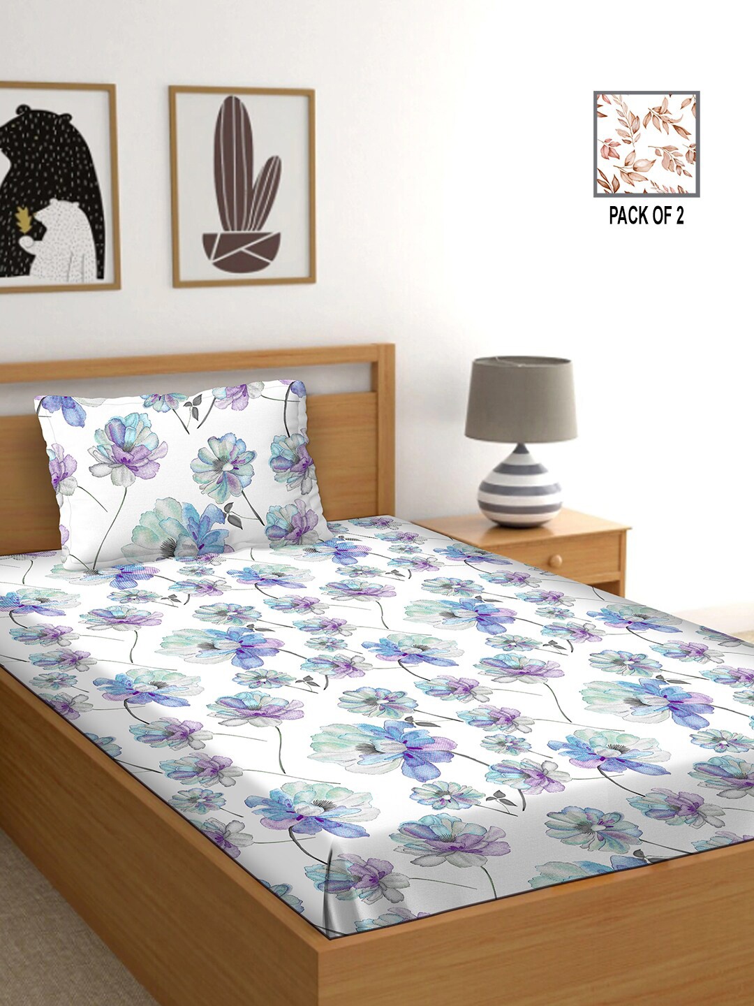 

BELLA CASA White Floral Printed 250 TC 2 Single Bedsheet with 2 Pillow Covers
