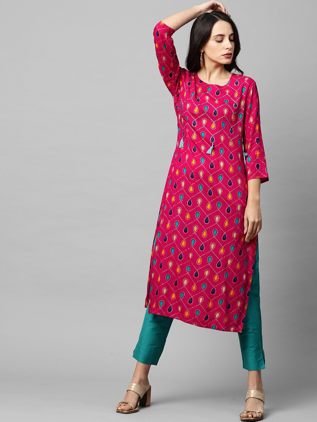 

FASHOR Women Pink Embroidered Printed Kurta