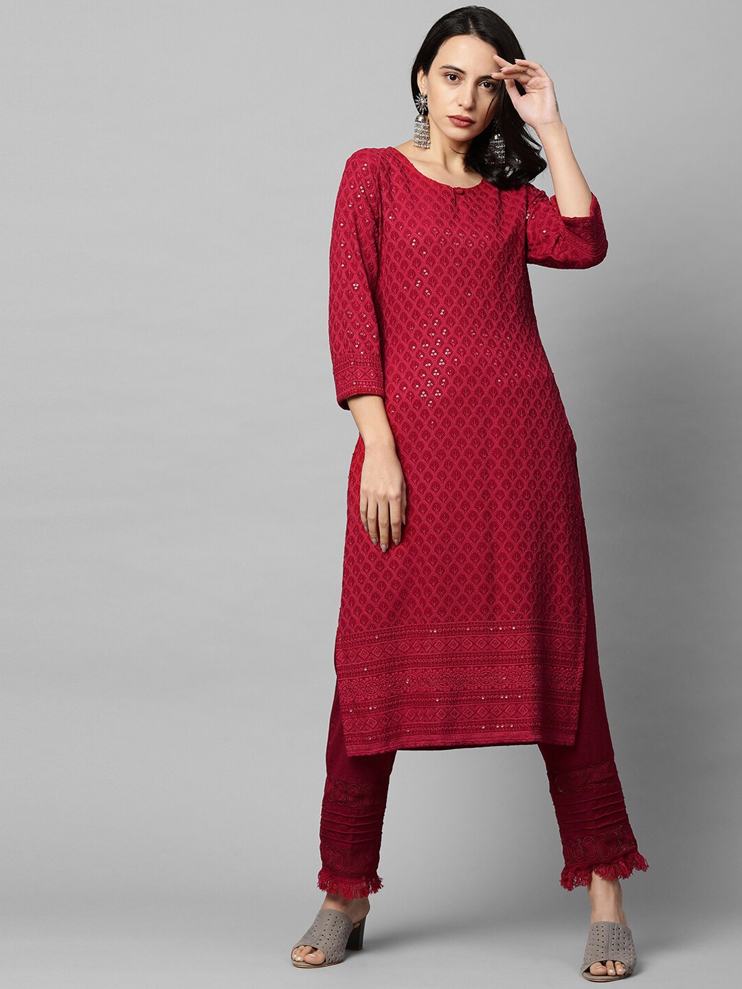 

FASHOR Women Red Ethnic Motifs Chikankari Printed Kurta