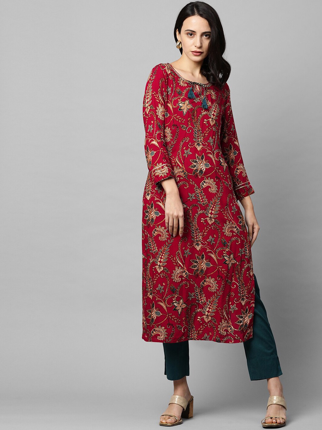 

FASHOR Women Red Floral Printed Keyhole Neck Thread Work Kurta