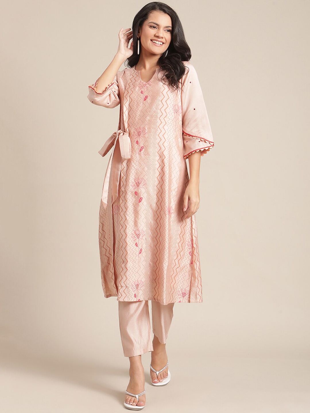 

Varanga Women Peach-Coloured Printed Regular Kurta with Trousers