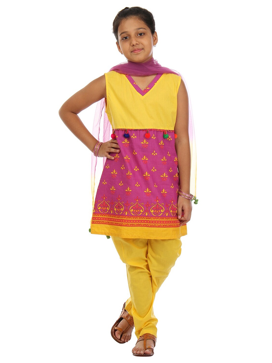 

Kids On Board Yellow & Pink Ethnic Motifs Printed V-Neck Pure Cotton Kurti