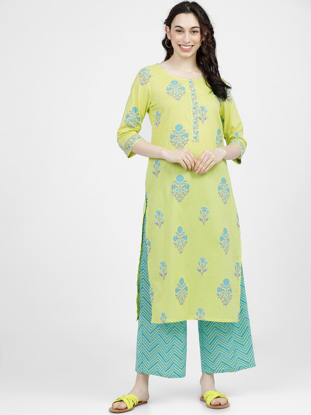

Vishudh Women Lime Green Floral Printed Kurta