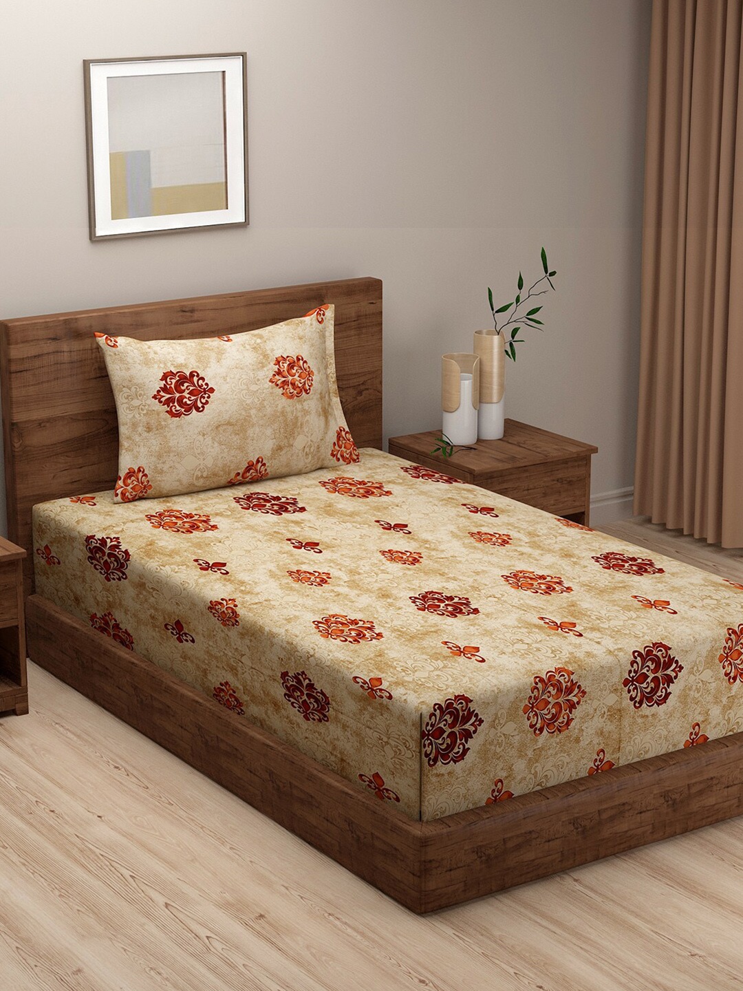 

SWAYAM Brown & Beige Floral Single Bedsheet with 1 Pillow Covers