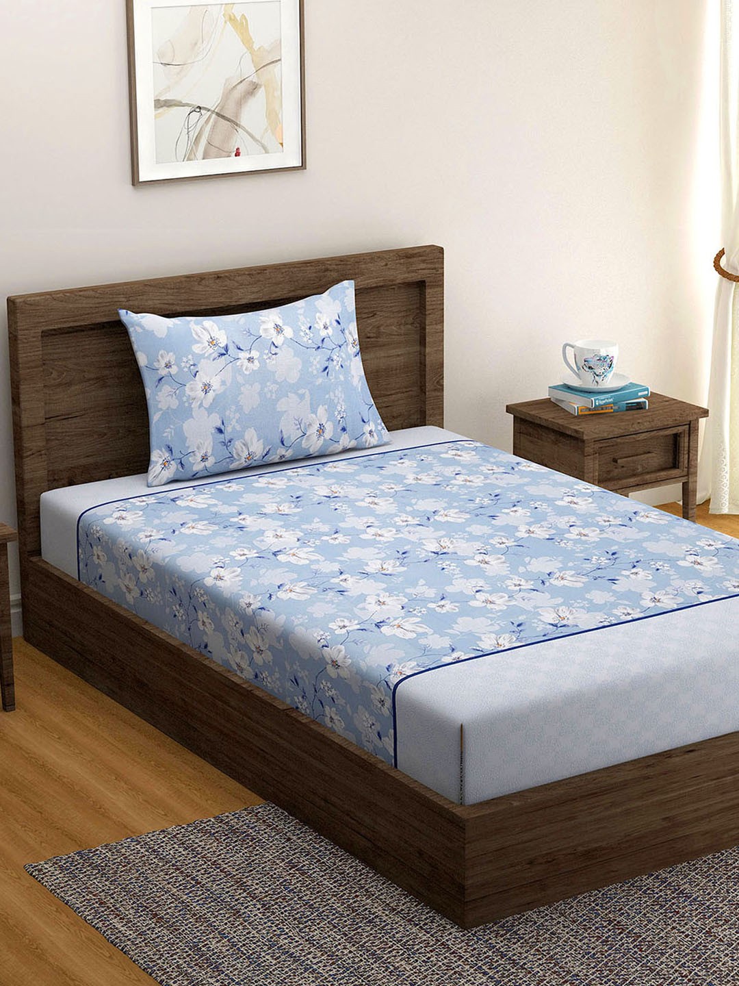 

SWAYAM Sparkle Blue Floral 144 TC Single Bedsheet Set
