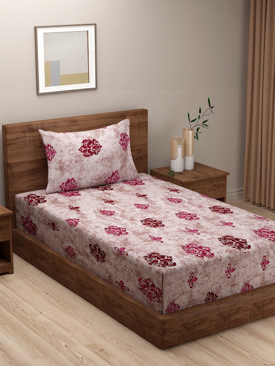 

SWAYAM Magenta & Maroon Ethnic Motifs Single Bedsheet with 1 Pillow Covers