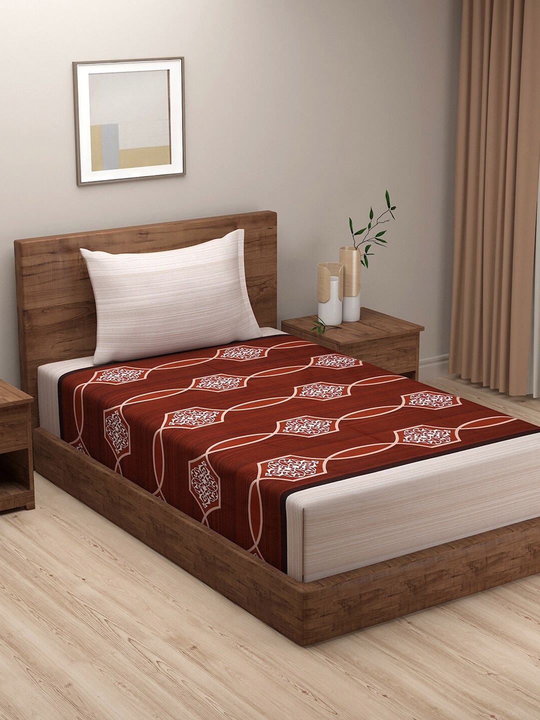 

SWAYAM Brown & White Geometric 240 TC Cotton Single Bedsheet with 1 Pillow Cover