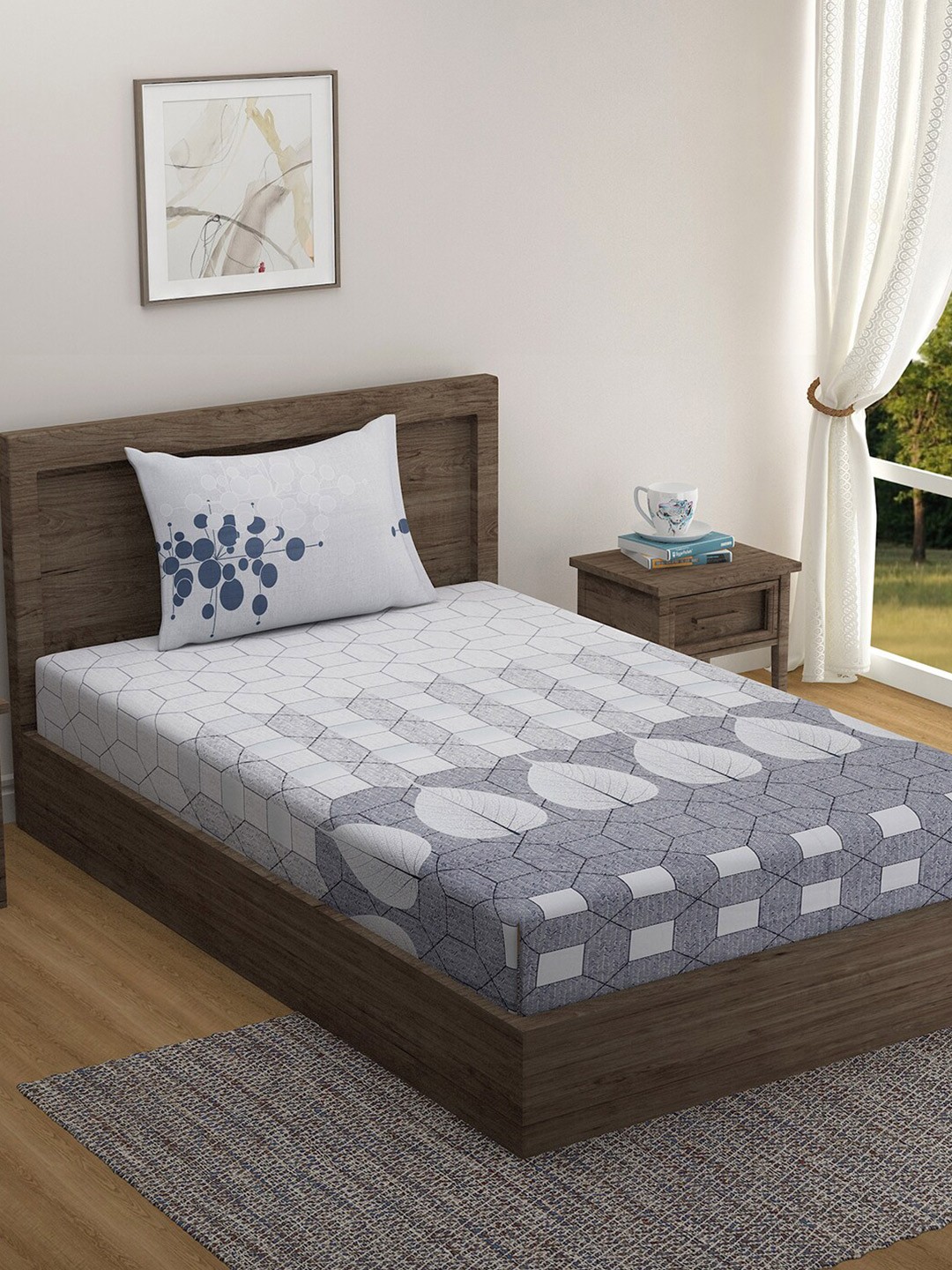 

SWAYAM White & Grey Geometric Single Bedsheet with 1 Pillow Covers