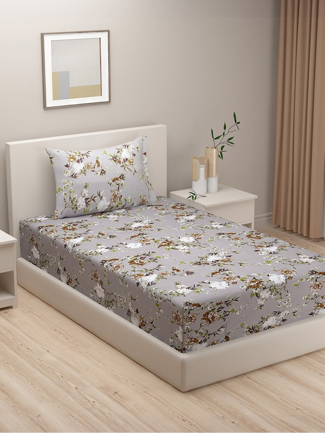 

SWAYAM Grey & White Floral 240 TC Pure Cotton Single Bedsheet With 1 Pillow Covers