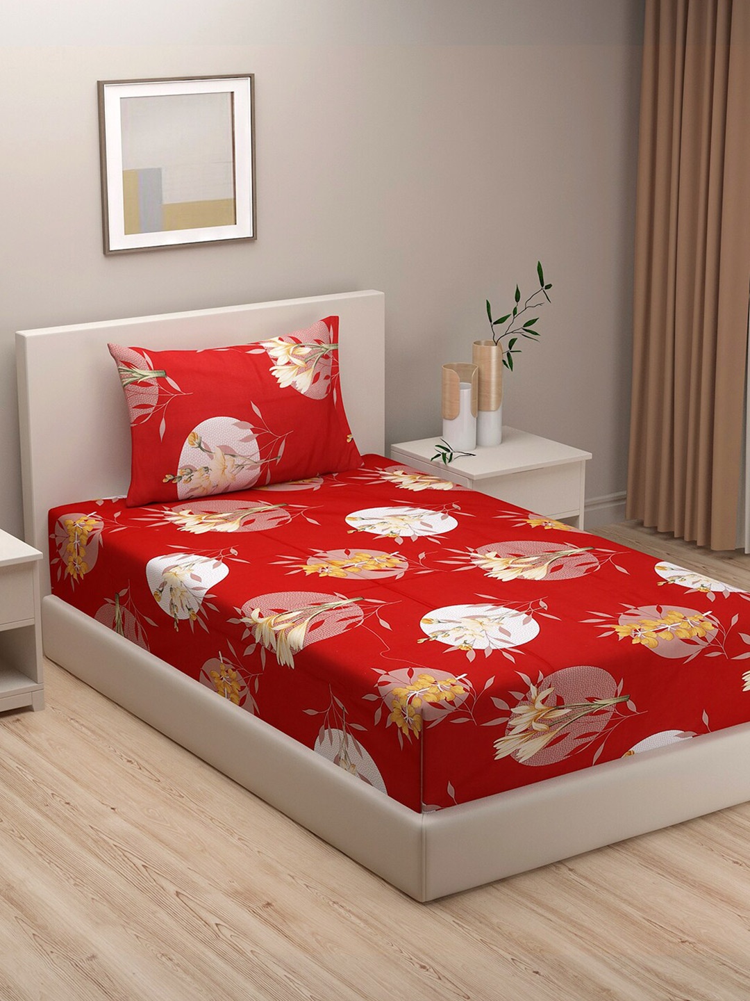 

SWAYAM Red & White Floral Single TC 240 Bedsheet With 1 Pillow Covers