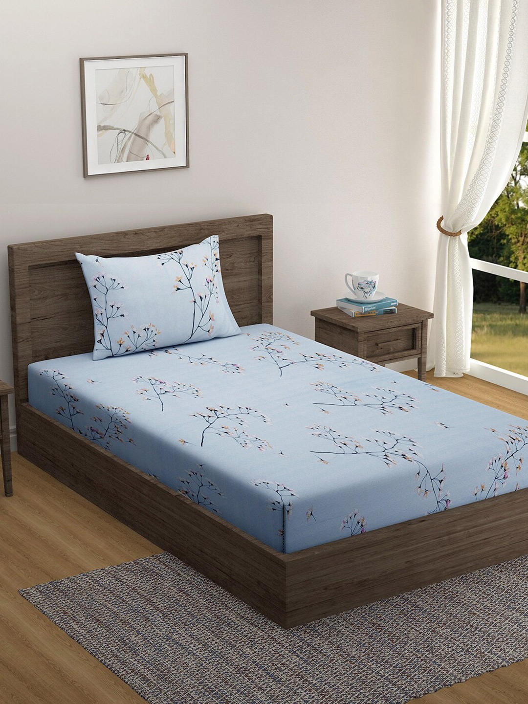 

SWAYAM Blue & White Floral 200 TC Single Bedsheet with 1 Pillow Covers