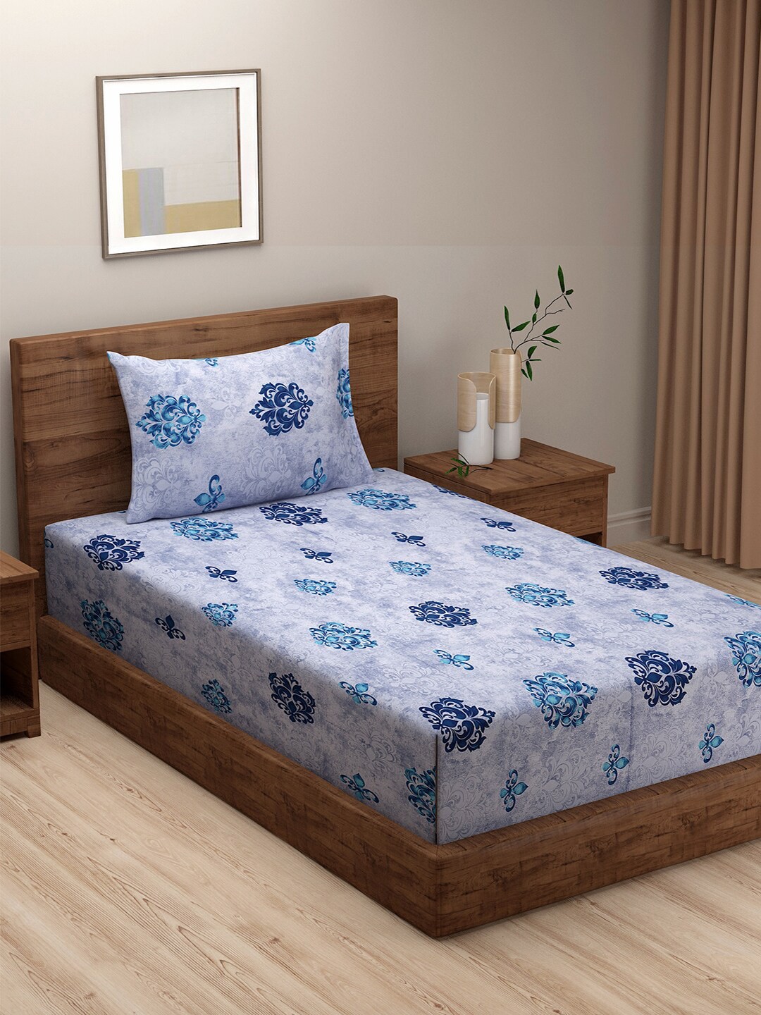

SWAYAM Blue Ethnic Motifs TC 240 Single Bedsheet with 1 Pillow Covers