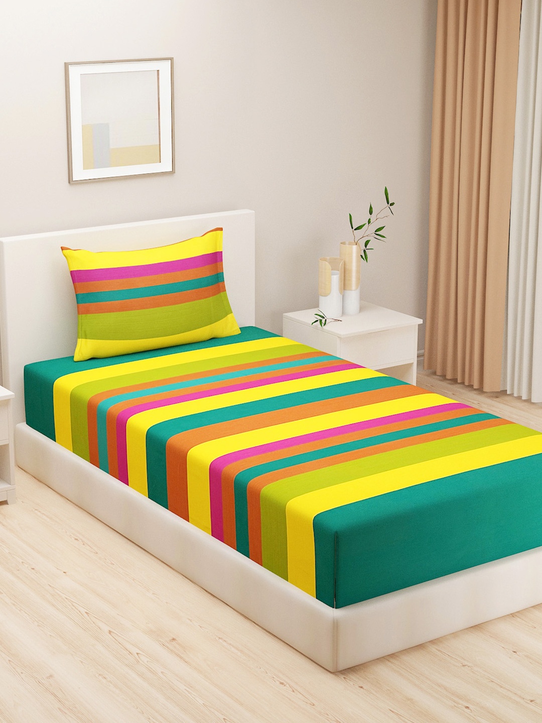 

SWAYAM Green Megical Linea Striped 240 TC 100% Cotton Single Bedsheet & 1 Pillow Cover