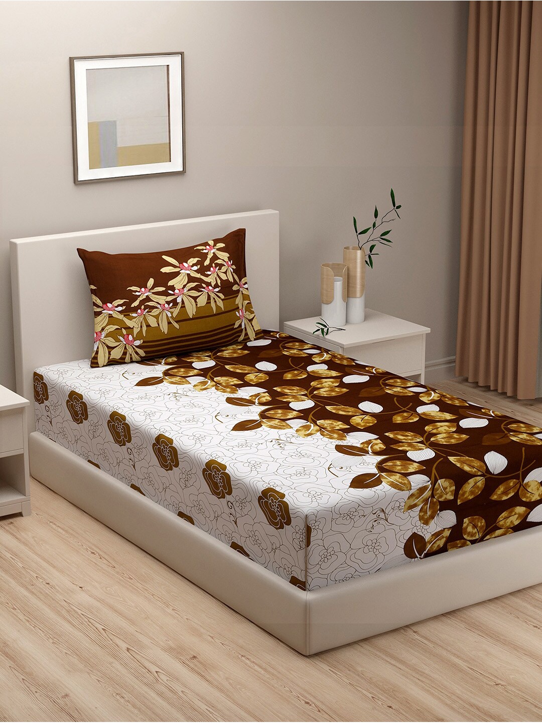 

SWAYAM White & Brown Floral 240 TC Single Bedsheet with 1 Pillow Cover