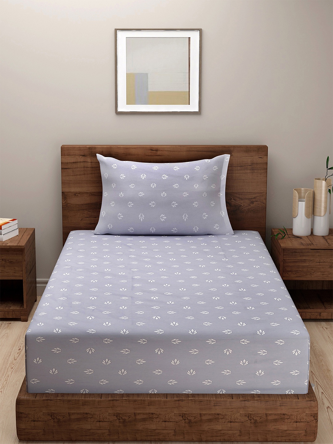 

SWAYAM Grey Zinnia Geometric 250 TC Mercerized Cotton Single Bedsheet & 1 Pillow Cover