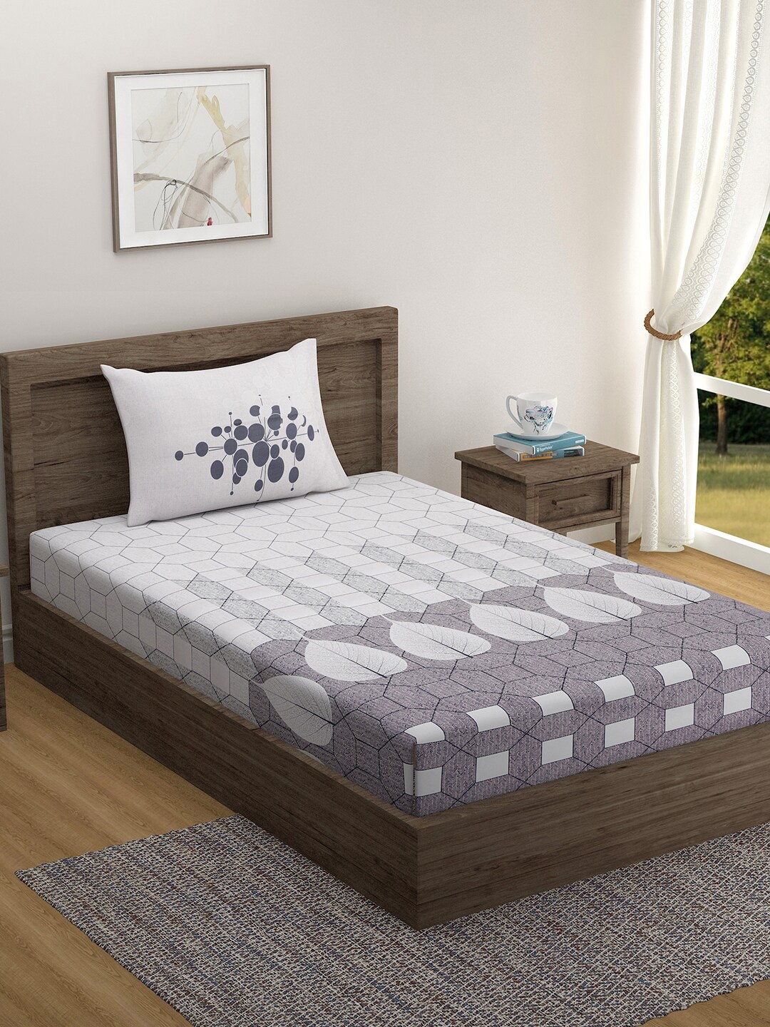 

SWAYAM Unisex White & Beige Geometric Single Bedsheet with 1 Pillow Covers TC 240