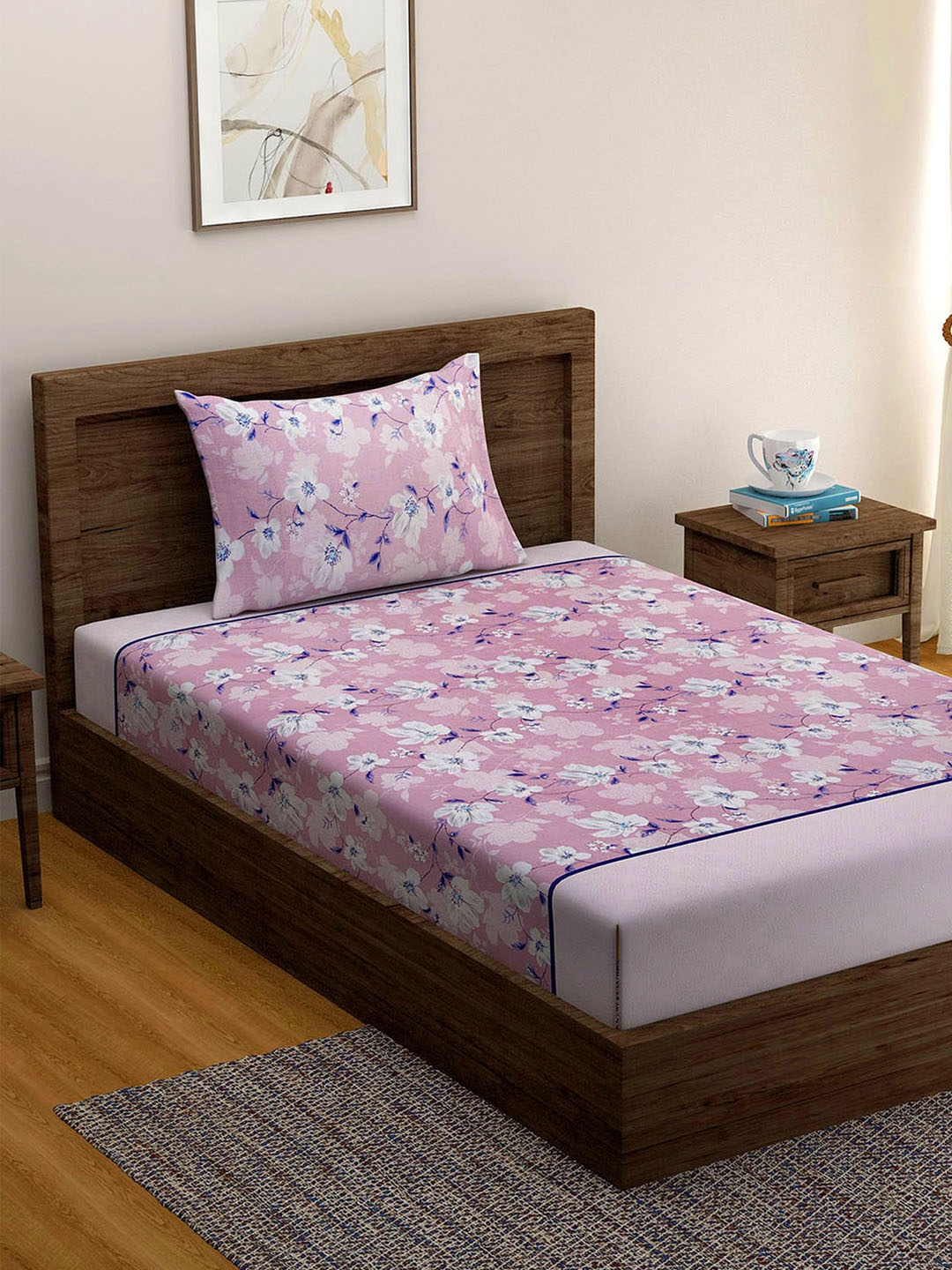 

SWAYAM Sparkle Pink Floral 144 TC Single Bedsheet Set