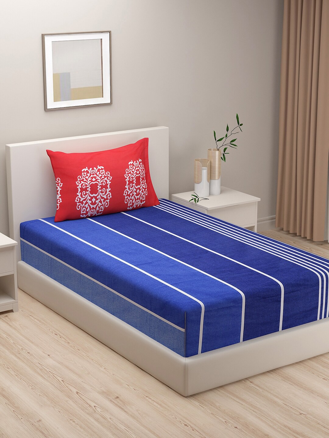 

SWAYAM Blue & White Striped 240 TC Single Bedsheet with 1 Pillow Cover