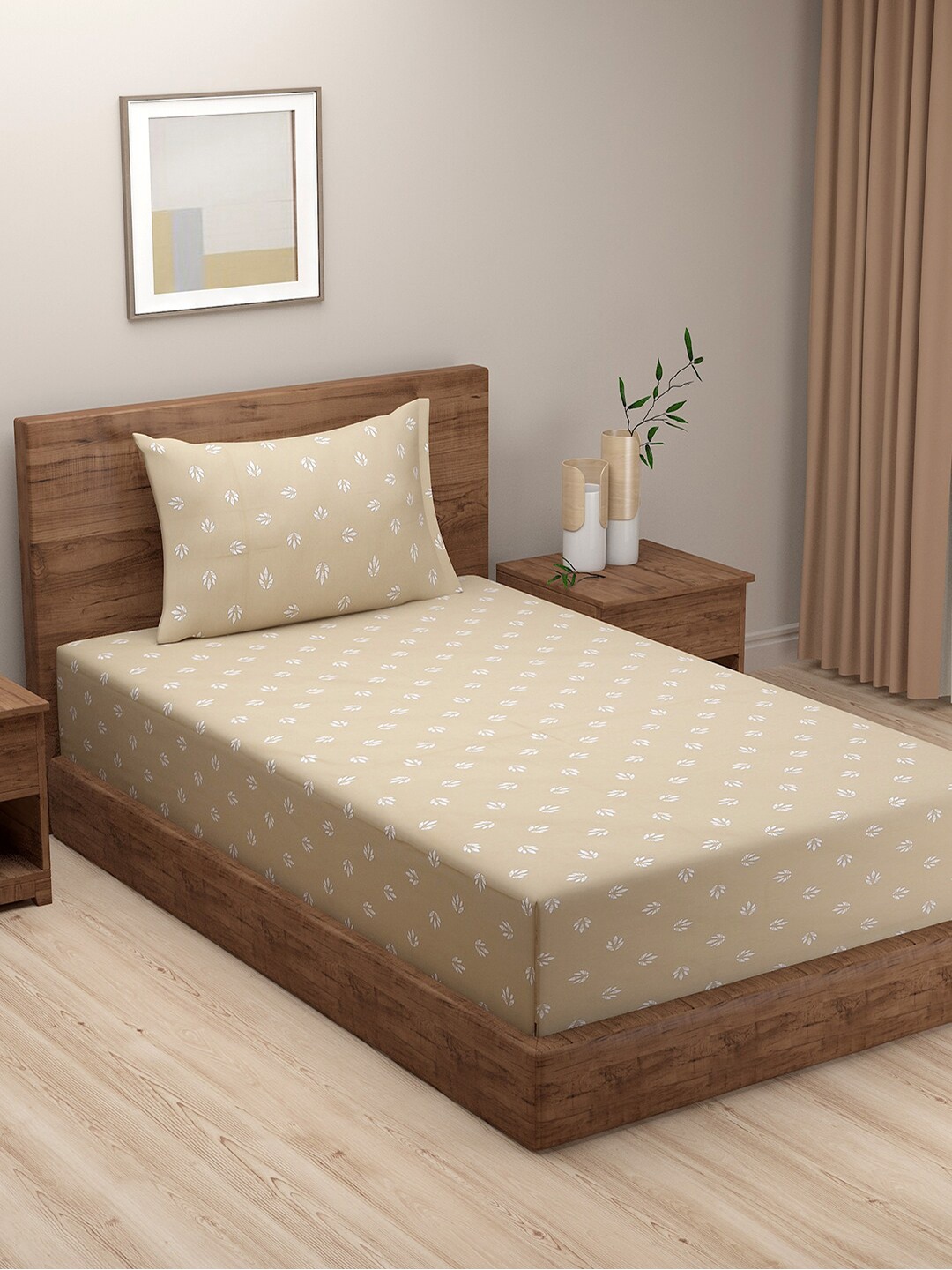 

Swayam Brown Floral Printed Cotton Satin Zinnia Single Bedsheet Set - 250TC, Beige