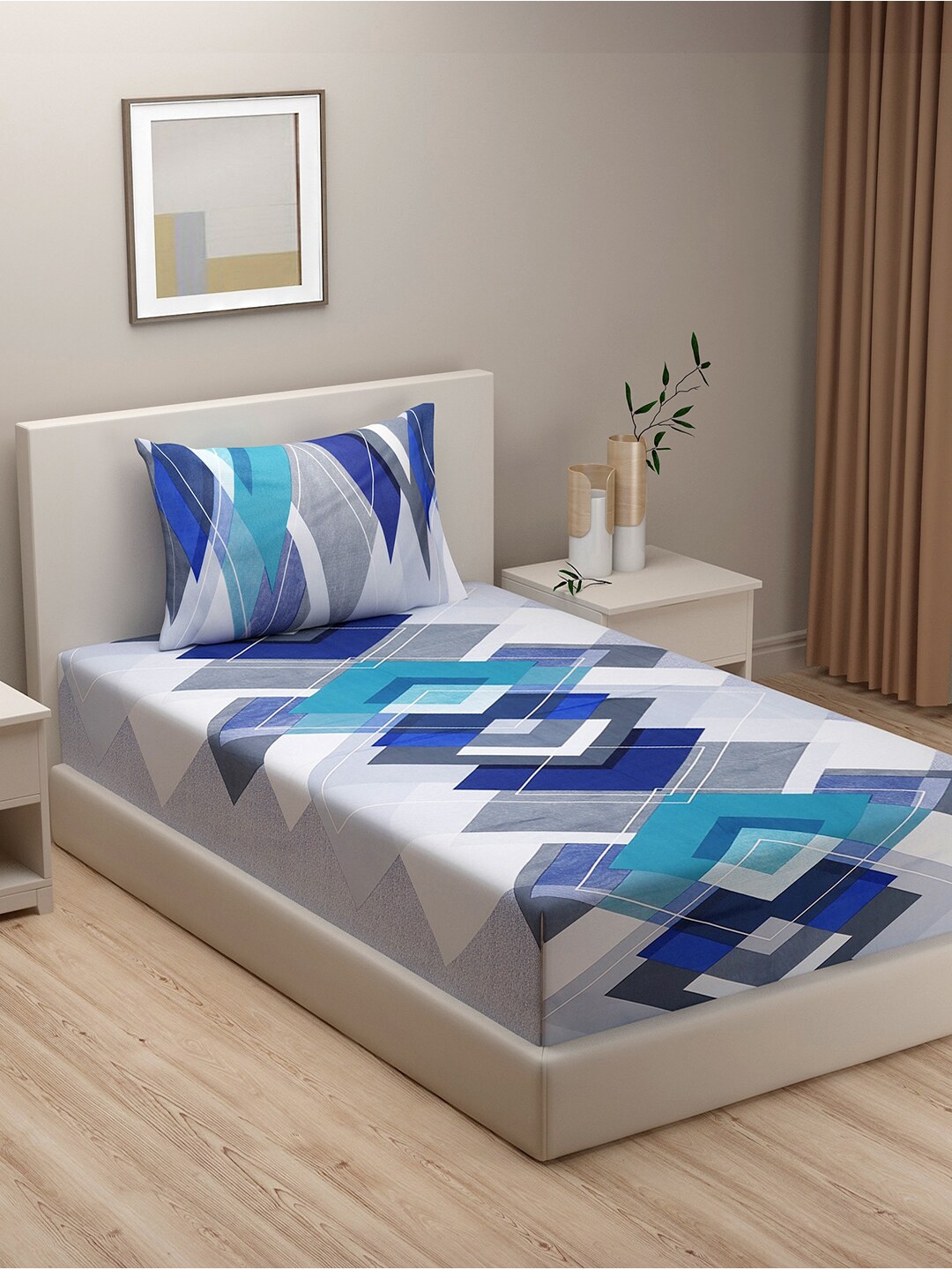 

SWAYAM Grey & Blue Geometric 144 TC Single Bedsheet with 1 Pillow Covers