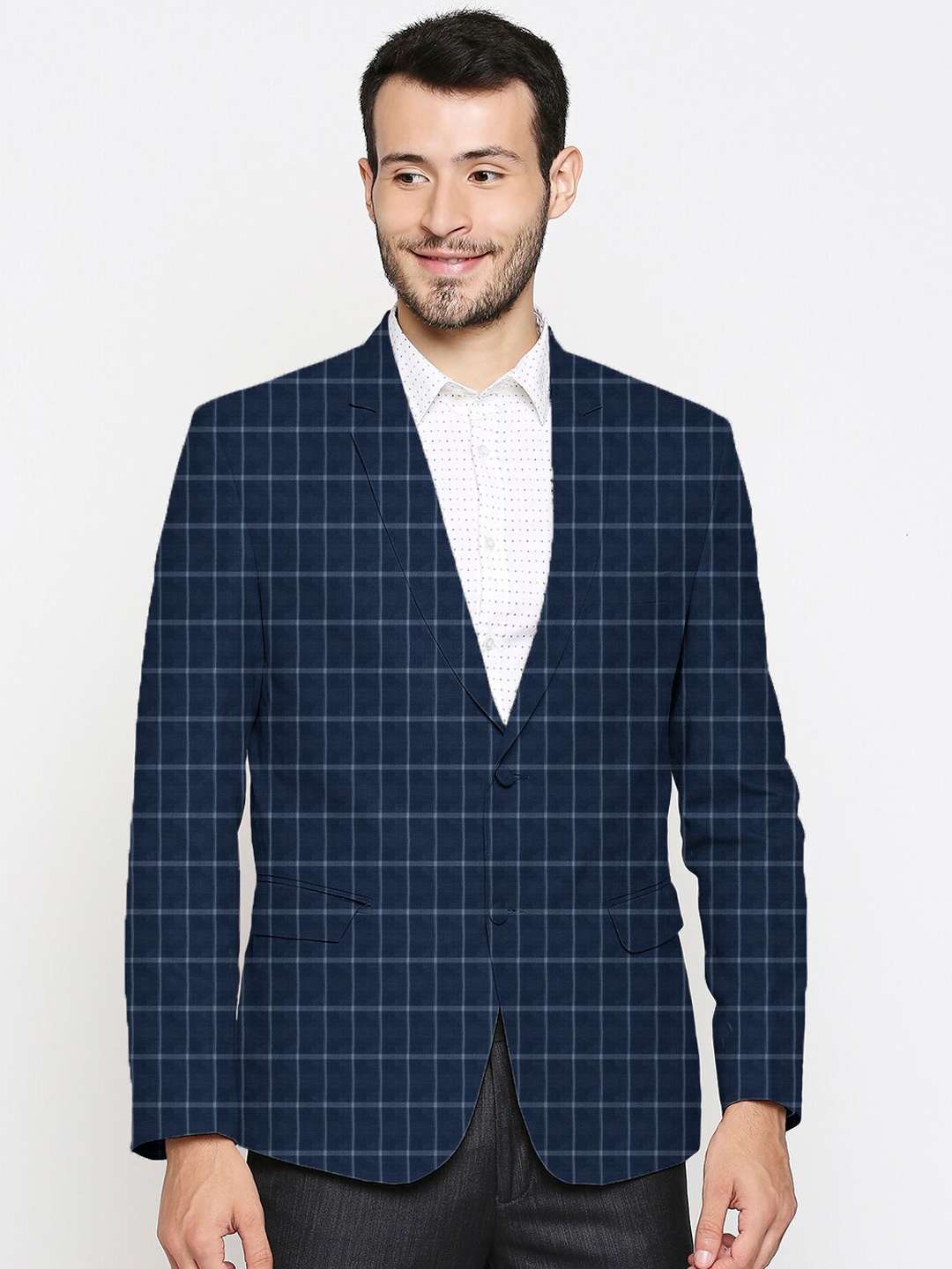 

Blacksmith Men Navy Blue Checked Regular-Fit Single-Breasted Blazer