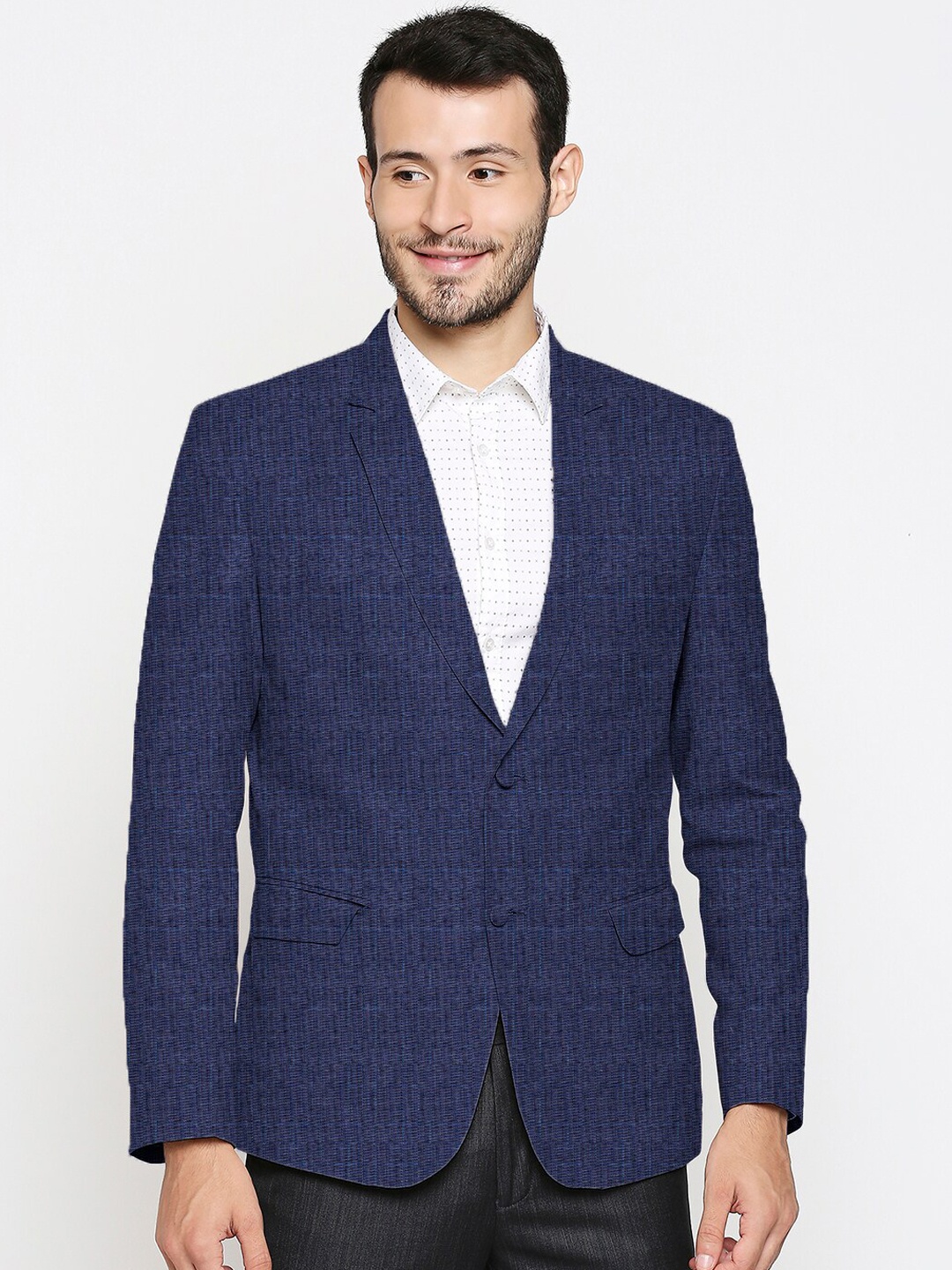 

Blacksmith Men Navy Blue Checked Single-Breasted Formal Blazer