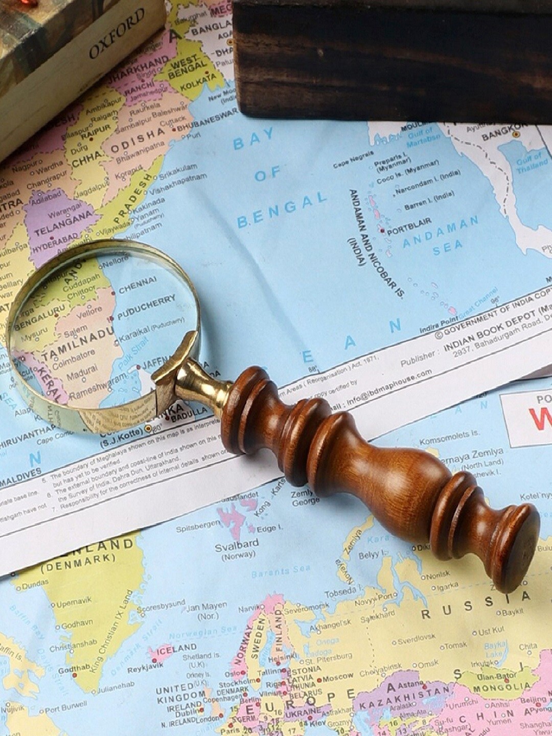 EXIM DECOR Gold-Toned Brass Magnifying Glass With Wooden Handle, Brown