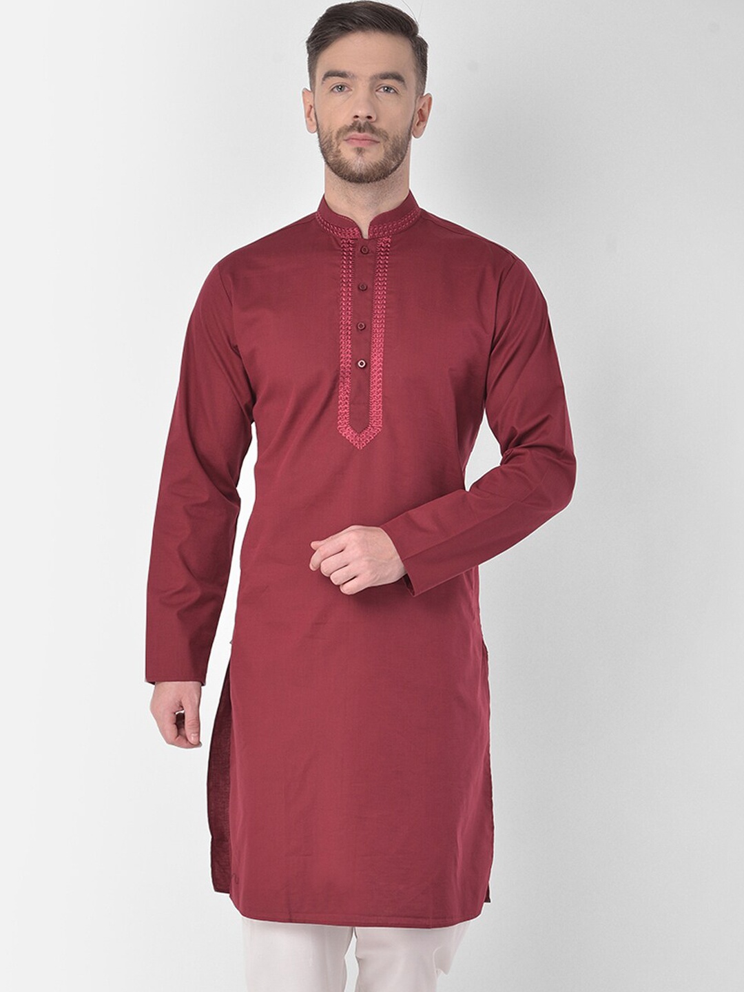

SG LEMAN Men Maroon Thread Work Handloom Kurta