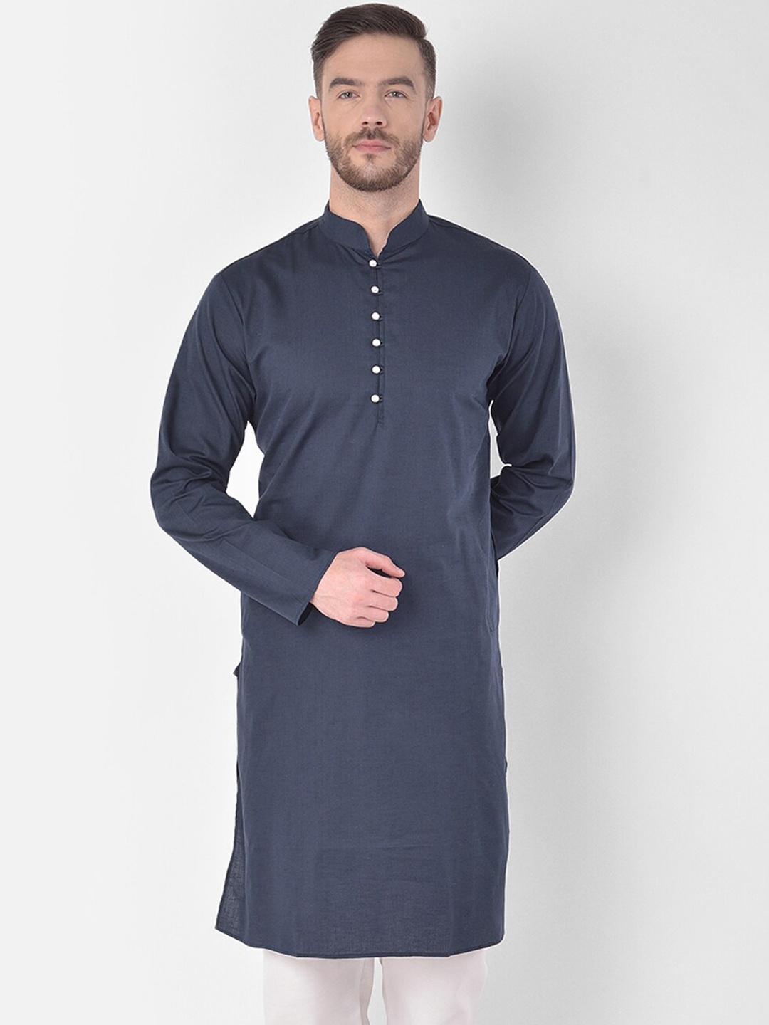 

SG LEMAN Men Navy Blue Solid Mandarin Collar Kurta