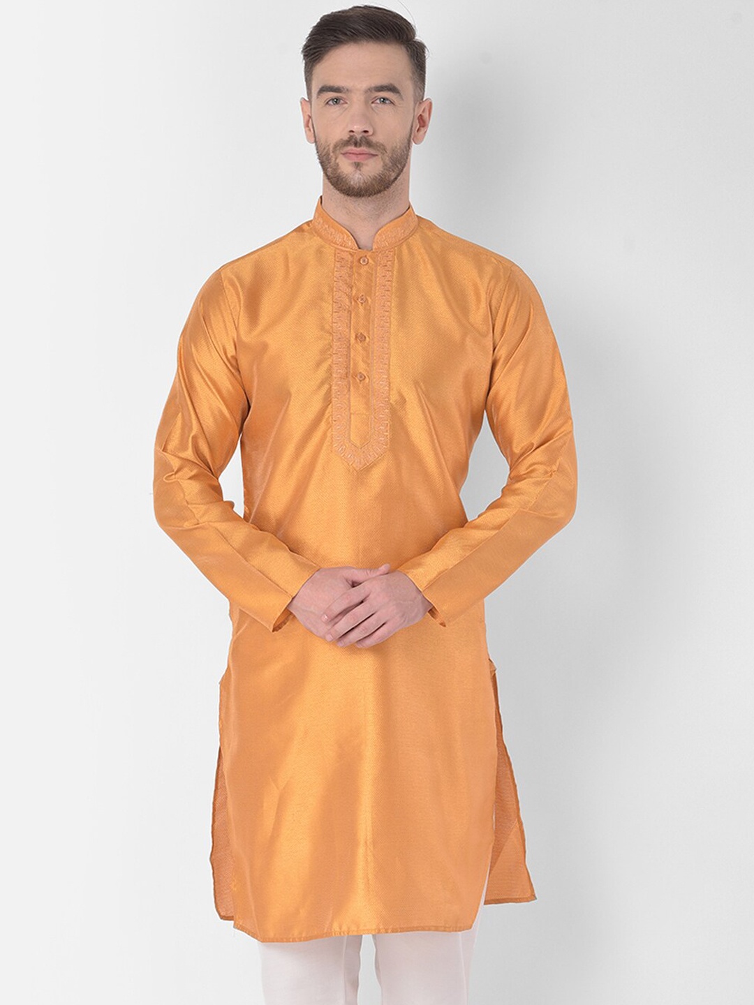 

SG LEMAN Men Rust Thread Work Raw Silk Handloom Raw Silk Kurta