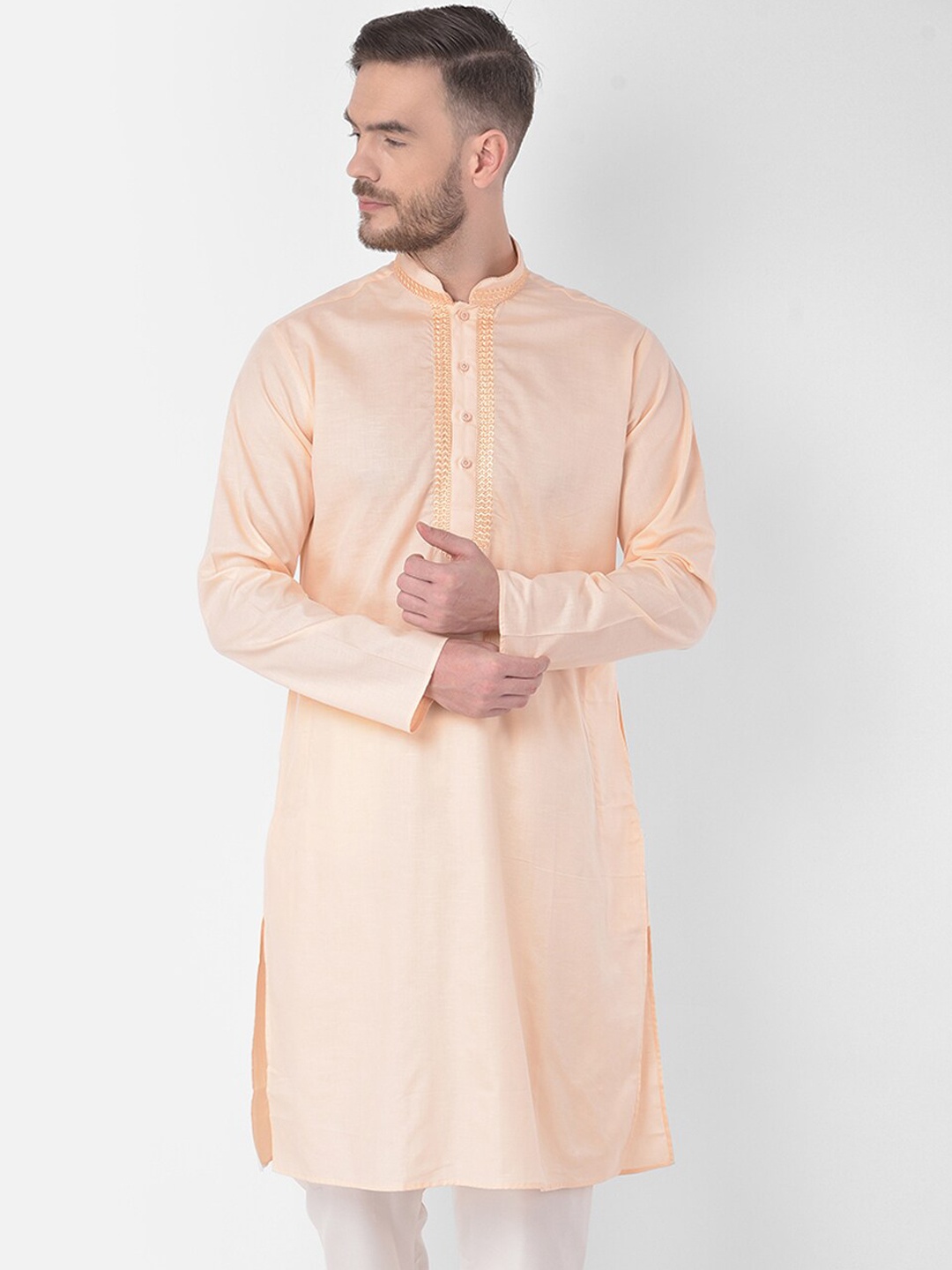 

SG LEMAN Men Peach-Coloured Thread Work Handloom Kurta